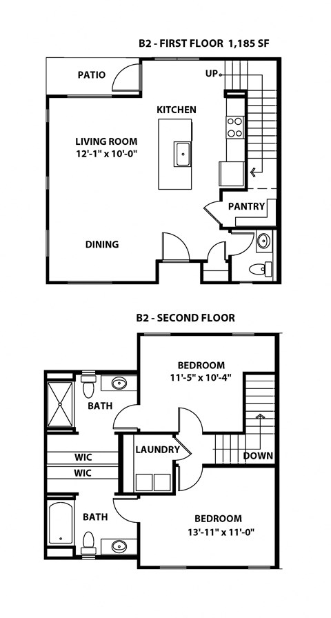 Floor plan for 2 beds, 2.5 baths, 1233 sqft