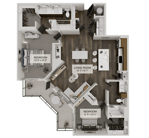 Floor plan for 2 beds, 2 baths, 1312 sqft
