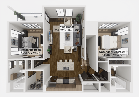 Floor plan for 2 beds, 2 baths, 1225 sqft