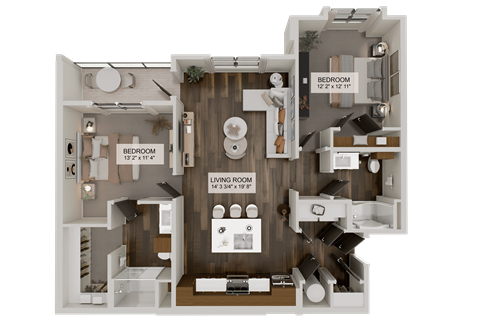 Floor plan for 2 beds, 2 baths, 1201 sqft