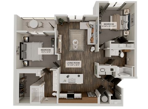 Floor plan for 2 beds, 2 baths, 1201 sqft