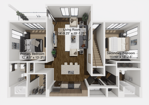 Floor plan for 2 beds, 2 baths, 1169 sqft