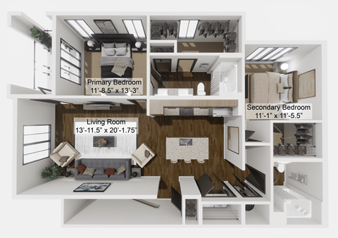 Floor plan for 2 beds, 2 baths, 1265 sqft