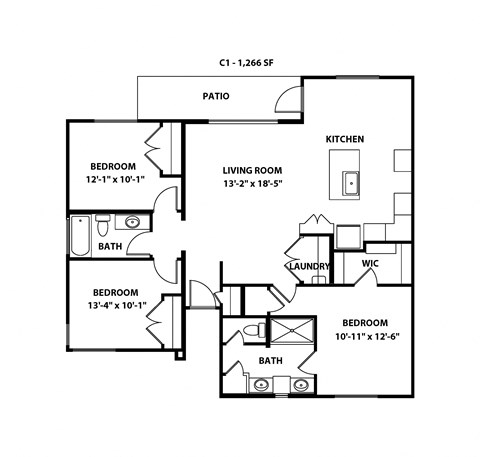 Floor plan for 3 beds, 2 baths, 1245 sqft