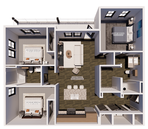 Floor plan for 3 beds, 2 baths, 1259 sqft
