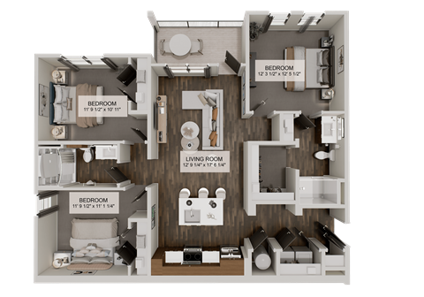 Floor plan for 3 beds, 2 baths, 1259 sqft