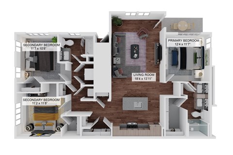 Floor plan for 3 beds, 2 baths, 1455 sqft