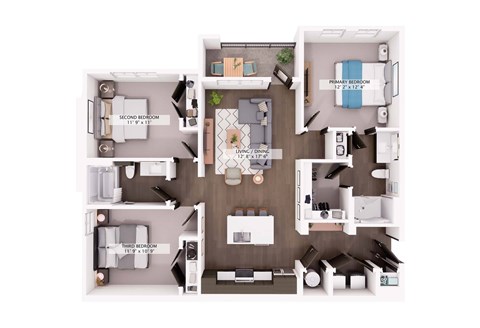 Floor plan for 3 beds, 2 baths, 1259 sqft