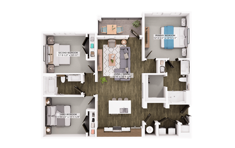 Floor plan for 3 beds, 2 baths, 1259 sqft