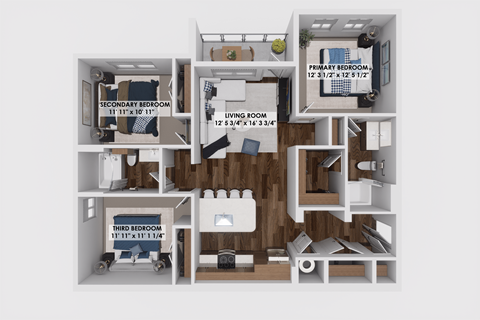 Floor plan for 3 beds, 2 baths, 1259 sqft