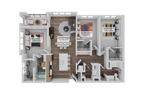 Floor plan for 3 beds, 2 baths, 1467 sqft