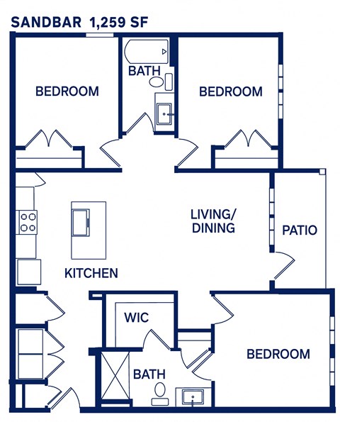 Floor plan for 3 beds, 2 baths, 1259 sqft