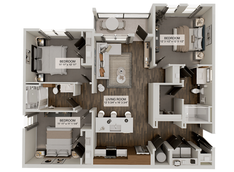 Floor plan for 3 beds, 2 baths, 1259 sqft