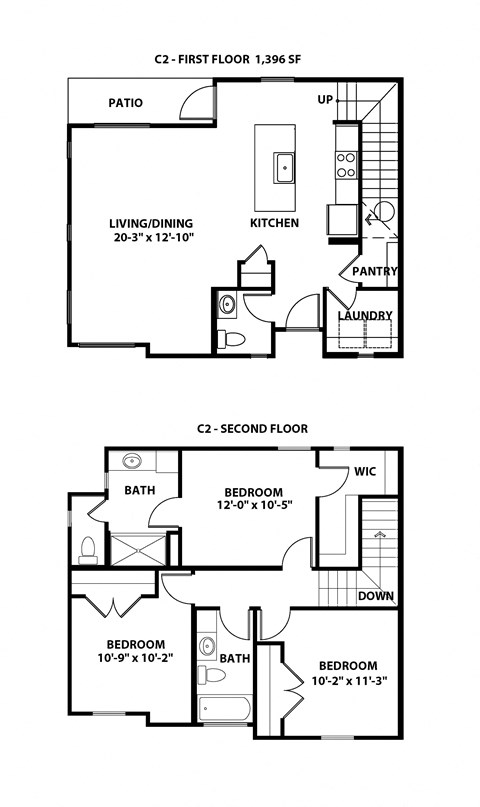 Floor plan for 3 beds, 2.5 baths, 1437 sqft