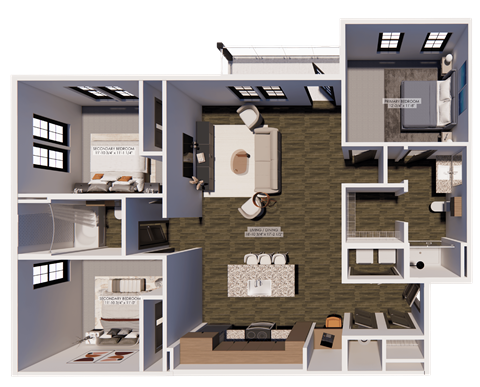 Floor plan for 3 beds, 2 baths, 1369 sqft