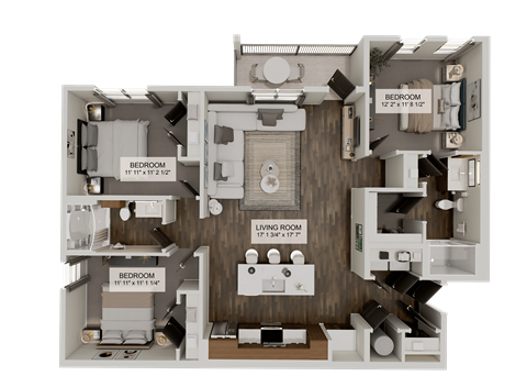Floor plan for 3 beds, 2 baths, 1369 sqft