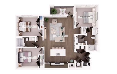 Floor plan for 3 beds, 2 baths, 1369 sqft