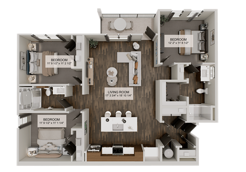 Floor plan for 3 beds, 2 baths, 1369 sqft