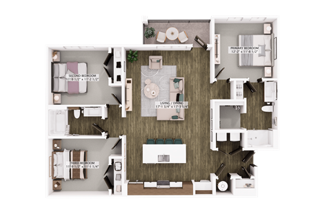 Floor plan for 3 beds, 2 baths, 1369 sqft