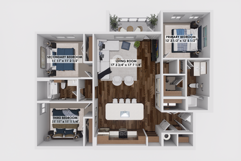 Floor plan for 3 beds, 2 baths, 1369 sqft