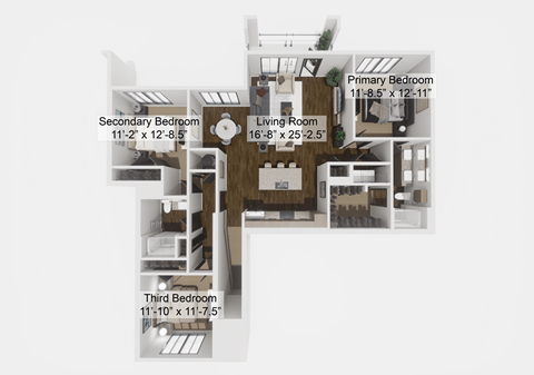 Floor plan for 3 beds, 2 baths, 1562 sqft