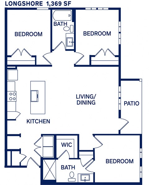 Floor plan for 3 beds, 2 baths, 1369 sqft
