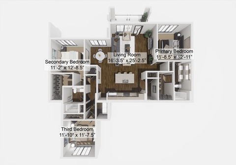 Floor plan for 3 beds, 2 baths, 1537 sqft