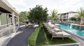 A poolside area with lounge chairs and a tree in the middle