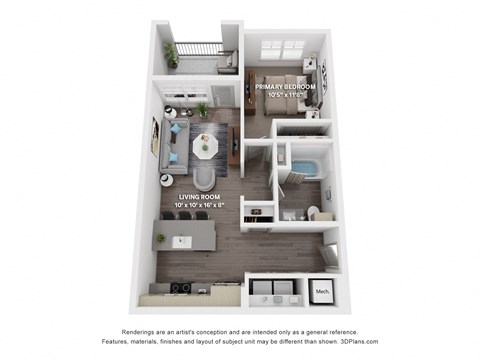 Floor plan for 1 bed, 1 bath, 689 sqft