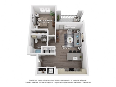 Floor plan for 1 bed, 1 bath, 761 sqft