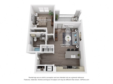 Floor plan for 1 bed, 1 bath, 769 sqft