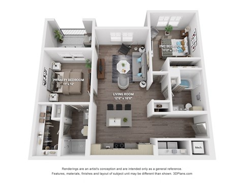 Floor plan for 2 beds, 2 baths, 1067 sqft