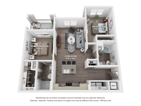 Floor plan for 2 beds, 2 baths, 1079 sqft