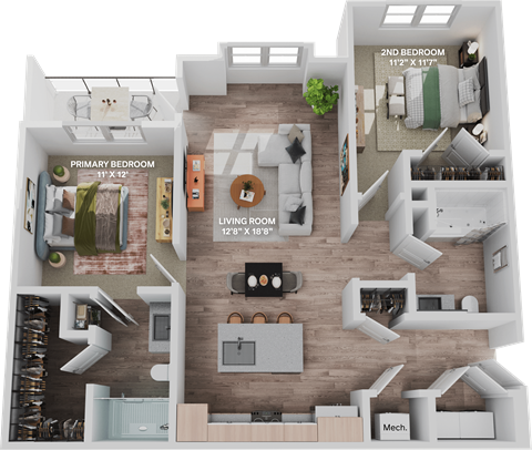 Floor plan for 2 beds, 2 baths, 1087 sqft