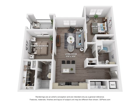 Floor plan for 2 beds, 2 baths, 1075 sqft
