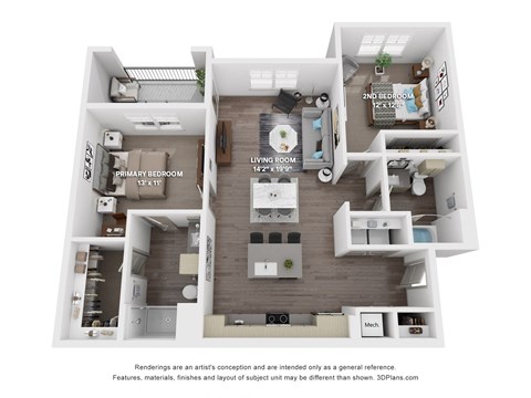 Floor plan for 2 beds, 2 baths, 1193 sqft