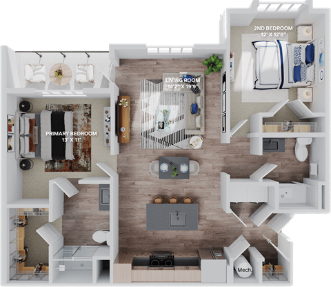 Floor plan for 2 beds, 2 baths, 1201 sqft