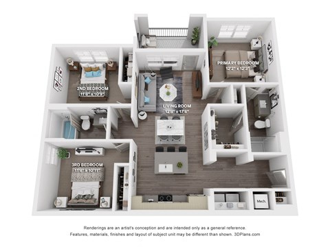 Floor plan for 3 beds, 2 baths, 1259 sqft