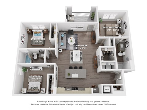 Floor plan for 3 beds, 2 baths, 1369 sqft