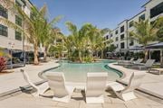 Bradenton apartment for rent - A pool surrounded by palm trees and white chairs at The Stadler Luxury Apartments, Bradenton, FL