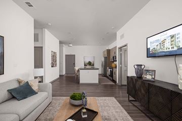 Sarasota apartment for rent - A modern living room with a grey couch and a flat screen TV mounted on the wall.