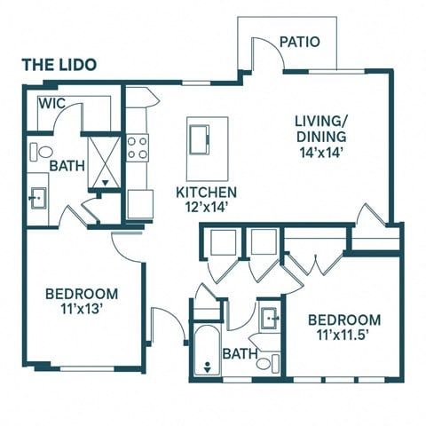 Floor plan for 2 beds, 2 baths, 1027 sqft