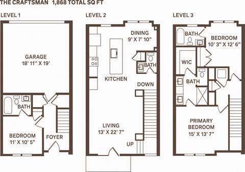 Floor plan for 3 beds, 3.5 baths, 1868 sqft
