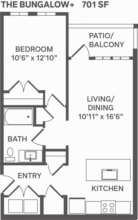Floor plan for 1 bed, 1 bath, 701 sqft