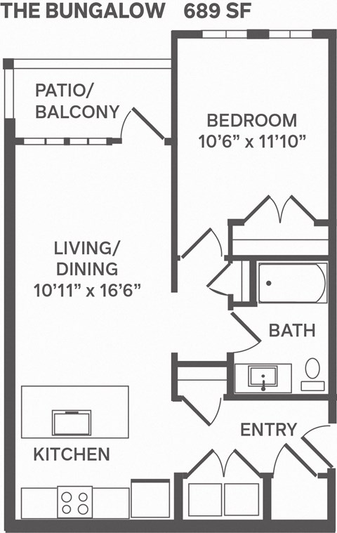 Floor plan for 1 bed, 1 bath, 689 sqft