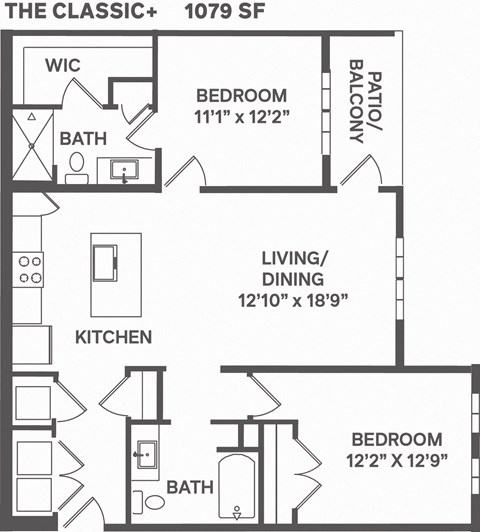 Floor plan for 2 beds, 2 baths, 1079 sqft