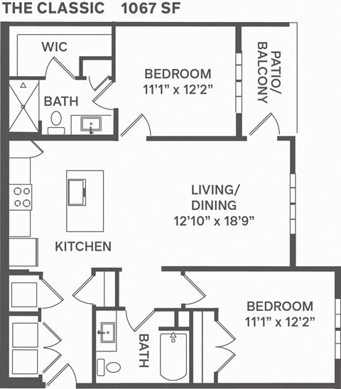 Floor plan for 2 beds, 2 baths, 1067 sqft