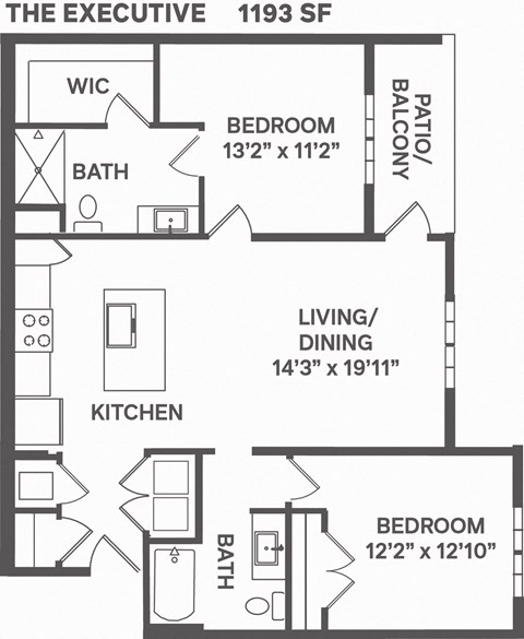 Floor plan for 2 beds, 2 baths, 1193 sqft