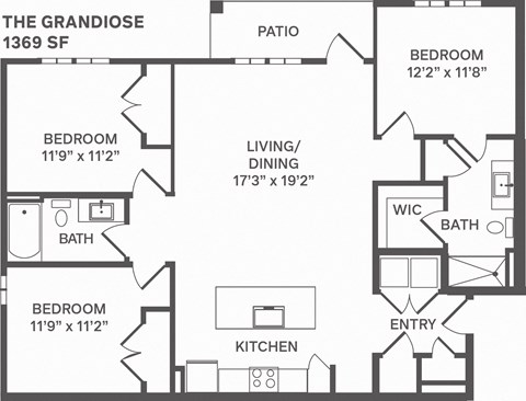 Floor plan for 3 beds, 2 baths, 1369 sqft