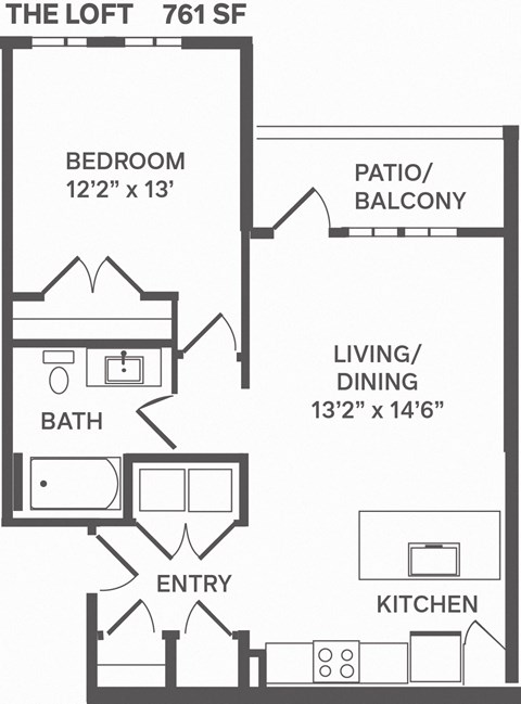 Floor plan for 1 bed, 1 bath, 761 sqft